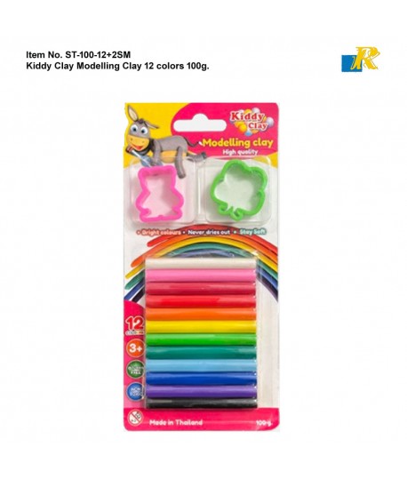 Kiddy Clay Modelling Clay 12 Color Round Sticks 100g  | Non-Toxic | Gluten Free | Item No. ST-100-12+SM