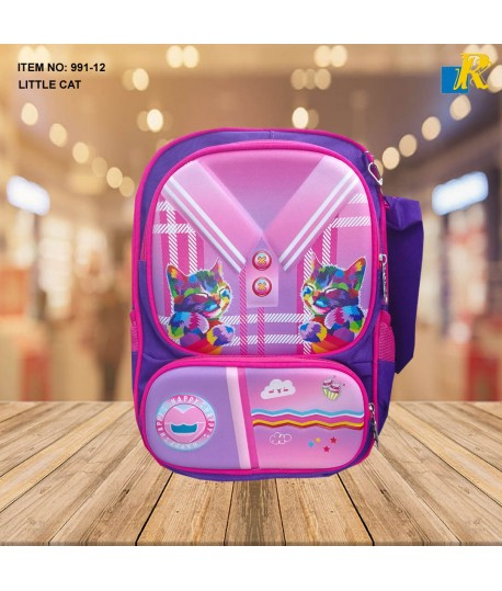 School Bag - 3D Embsosed Cartoon Character Backpack/ Front full open bag with pencil case (LITTLE CAT) Item No.991-12