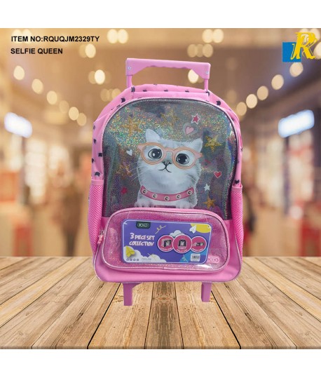 SELFIE QUEEN School Backpack With Wheels, LunchBox & Pencil Case ITEM NO.RQUQJM2329TY