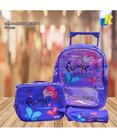 Roco Flowers Kids' Trolley School Backpack With Wheels, Lunch Box Bag& Pencil Case Item No.RQ-UQJM2327TY