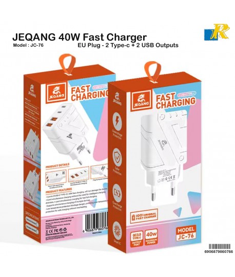 JEQANG 40W Ultra-Fast Wall Charger – 2×USB-A & 2×Type-C Ports with PD & QC3.0 Support  JC-76