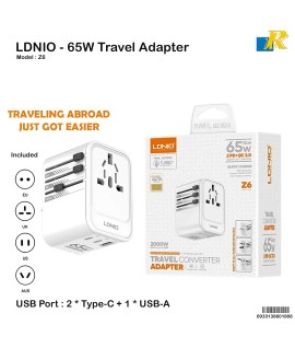 LDNIO Z6 65W GaN Universal Travel Adapter – 3 USB Ports, US/UK/EU Plugs, PD & QC3.0 Fast Charging