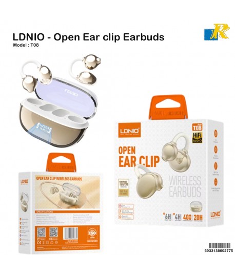 LDNIO Open-Ear Wireless Clip-On Earbuds – Bluetooth 5.4, Touch Controls, USB-C Charging, 400mAh Case, HD Audio - T08