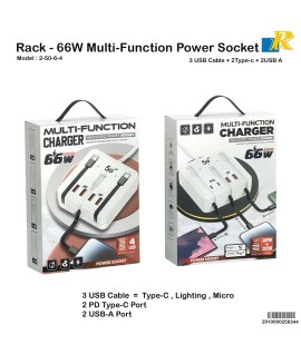 Rack 66W Multi-Functional Charging Station – 3 Built-in Cables + 2 USB-A & 2 Type-C Ports, UK Plug, Fast Charging