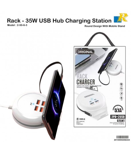 Rack 35W Multi Functional Charging Station with Mobile Stand/Built-in Type-C Cable/2 USB-A Ports/2 Type-C Ports/UK Plug