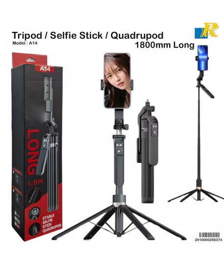 A14 Quadrupod Selfie Stand / Bluetooth Remote / 1800mm long / 360° Rotation / Extendable Tripod / Portable Design