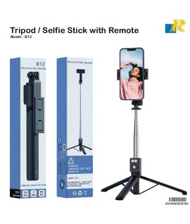 B12 Selfie Stick Tripod / Stainless Steel Telescopic Rod / Bluetooth Remote / Foldable Design / 110cm Extendable Length