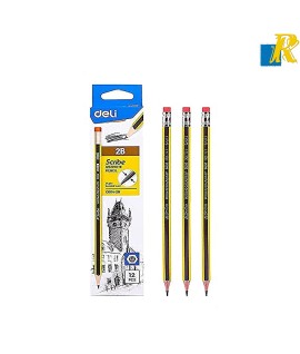 Deli Scribe Graphite Pencil 2.4mm, 2B with Eraser Tip - yellow and black Item No. C004-2B
