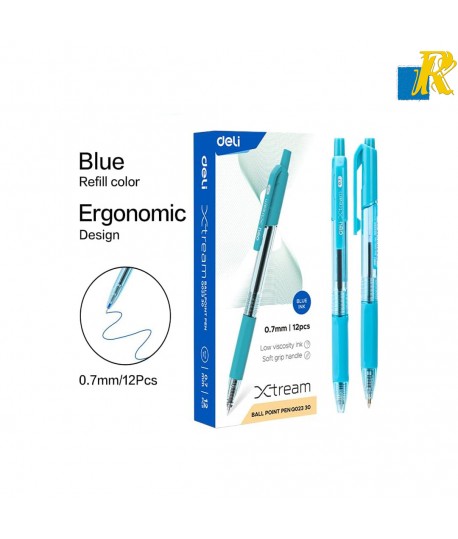 Deli Xtream Ballpoint Pen 0.7mm Blue Ink Transparent Barrel Item No.Q02330