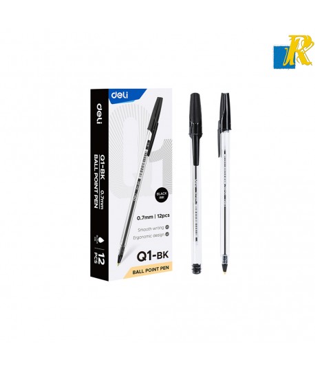 Deli Q1 Ball Point Pen 0.7mm 12pcs, Black / Blue Item No.Q1-BK / Q1-BL